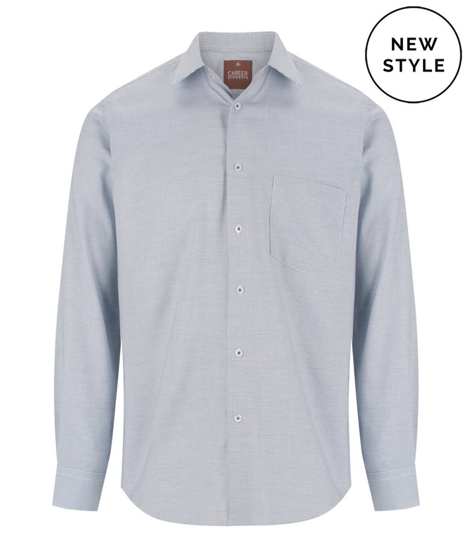 A light blue button-up shirt with long sleeves and a chest pocket, featuring a logo on the collar.
