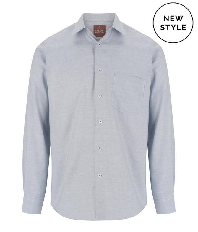 A light blue button-up shirt with a pocket, featuring a collar and a logo on the label.