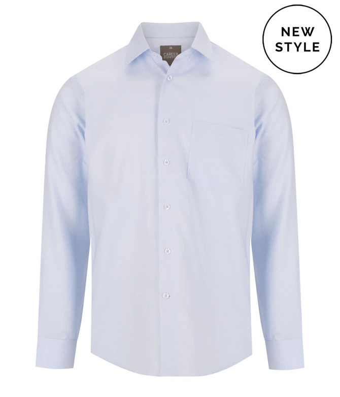 A light blue button-up shirt with long sleeves and a pocket. It features a logo on the chest area.
