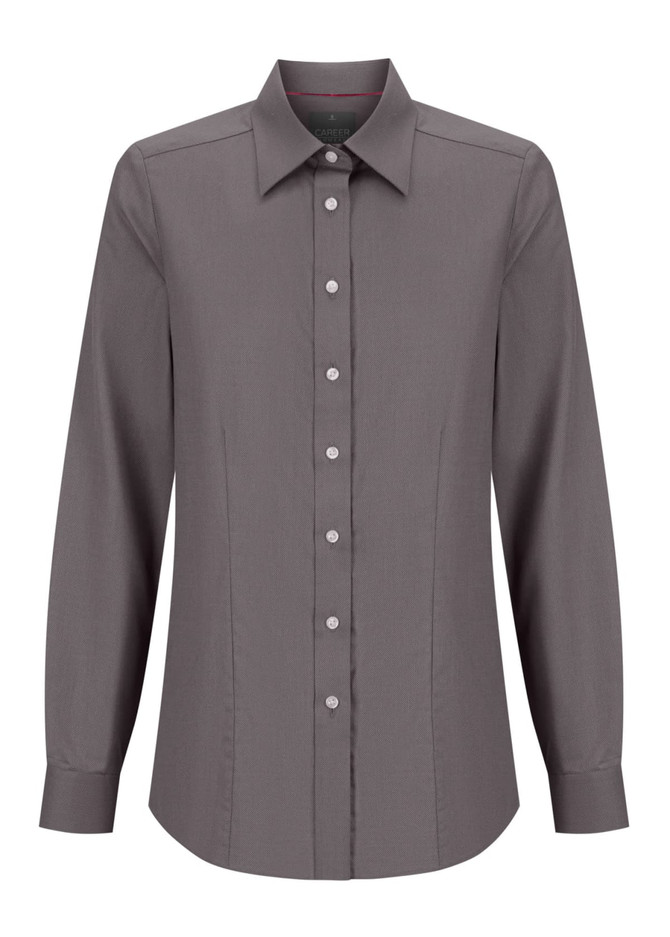 A women's button-up shirt in a sleek grey colour, featuring long sleeves and a classic collar, with a branded logo.