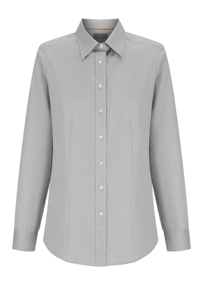 A grey button-up shirt for women with long sleeves and a classic collar, featuring a branding logo.