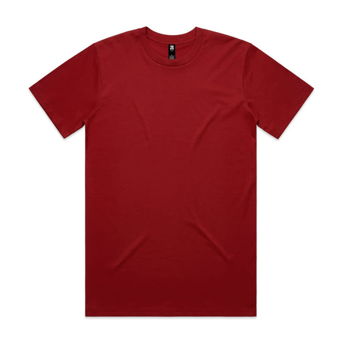 A plain red t-shirt with a round neckline and short sleeves, featuring a small logo.
