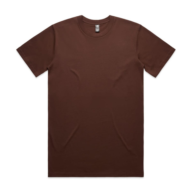 A brown classic tee shirt with a crew neckline and short sleeves, featuring a logo on the label.