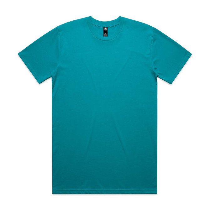 A teal classic tee displayed flat, featuring a round neckline and short sleeves. The shirt includes a logo tag.
