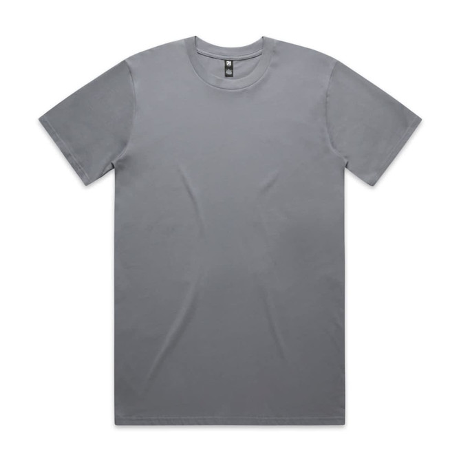 A plain grey t-shirt with a round neckline and short sleeves, featuring a logo at the neck.