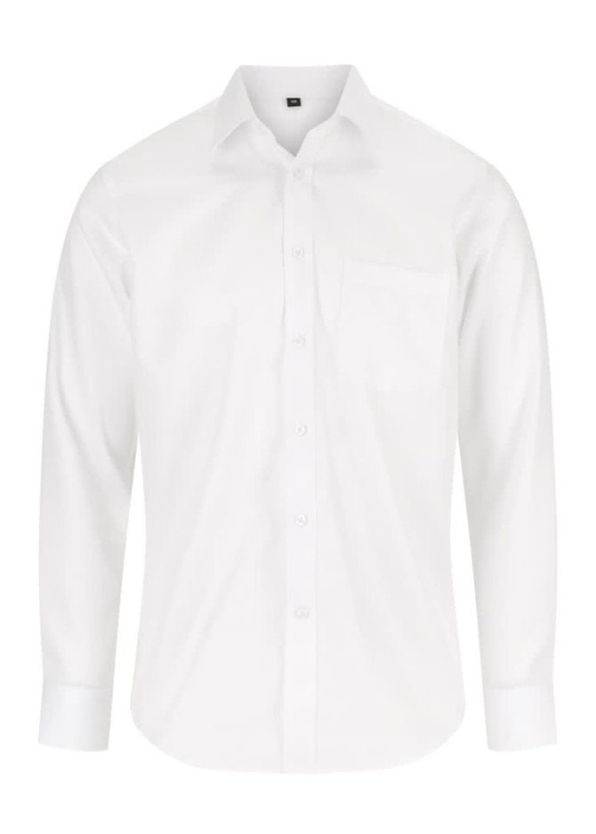 A white long-sleeve shirt with a pocket and a branded logo.