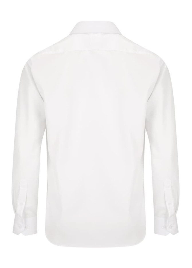 A white long-sleeved shirt with a collar and buttoned cuffs, featuring a logo on the back.