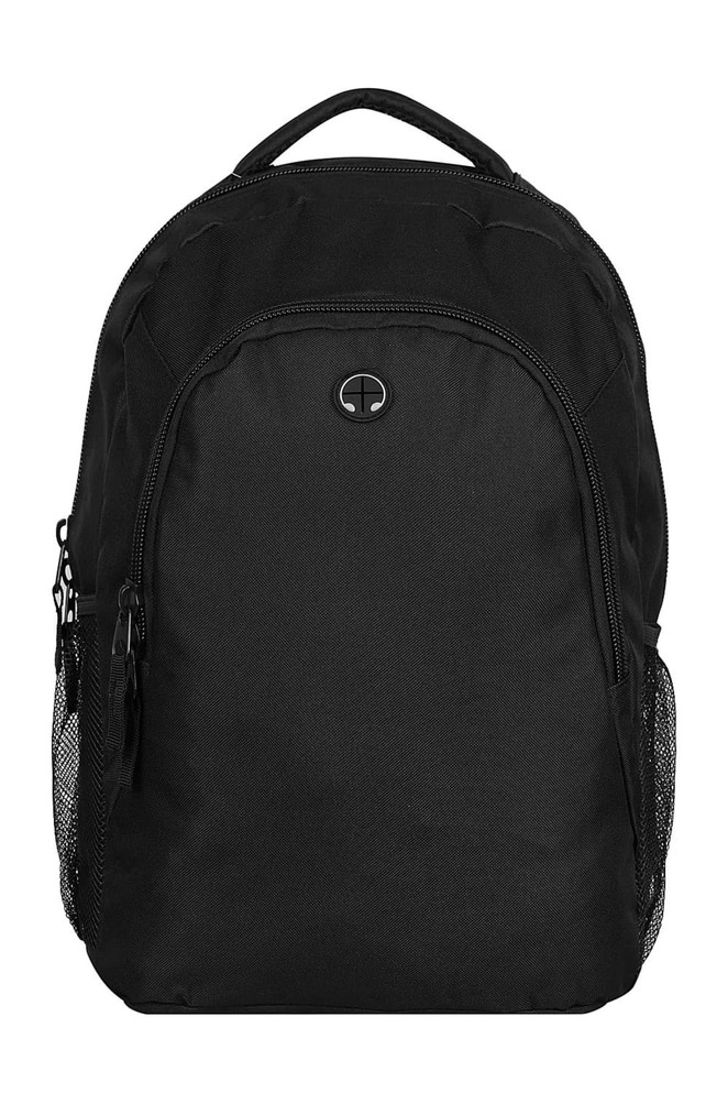 A black backpack with a zippered front pocket and mesh side pockets, featuring a logo on the front.