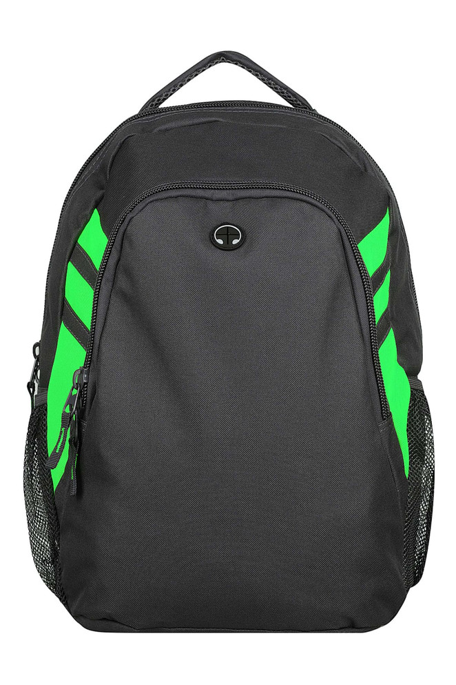 A black backpack with green accents and a side mesh pocket. It features a logo on the front.