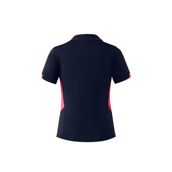 A navy polo shirt with pink accents and a logo, featuring a classic collar and short sleeves.