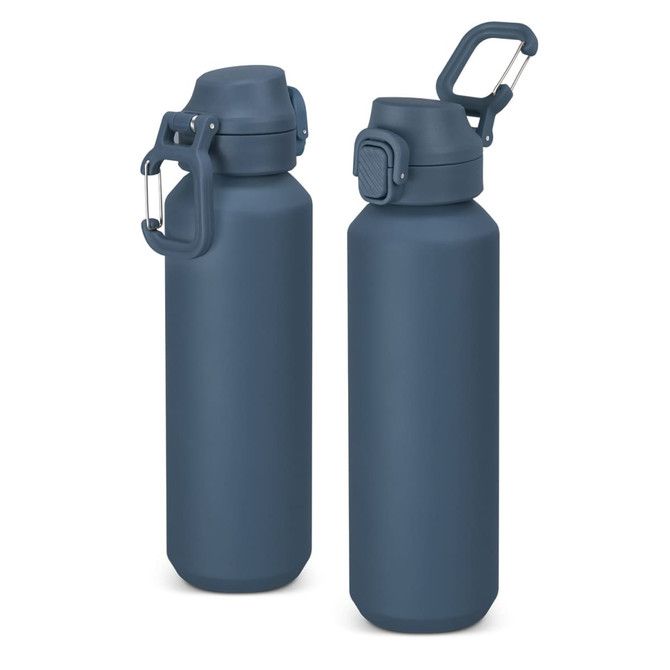 A drink bottle in a matte dark blue finish with a screw cap and a sturdy handle, featuring a logo.