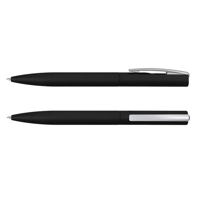A pair of black metal pens, featuring a sleek design with a silver clip and detailing. Includes logo branding.
