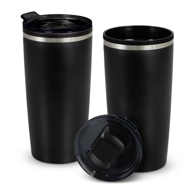 A double wall travel mug in black with a silver band and a clear lid. Includes a logo on the side.