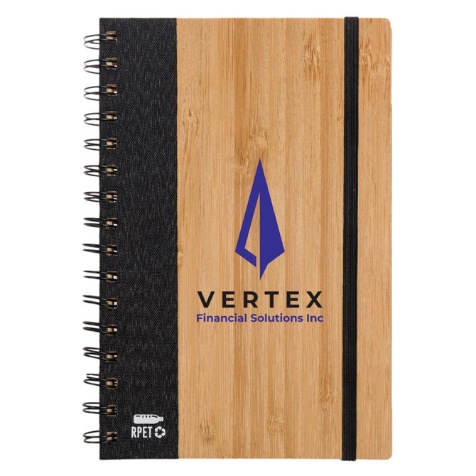 A bamboo and fabric-covered A5 notebook featuring a spiral binding and a logo for Vertex Financial Solutions Inc.