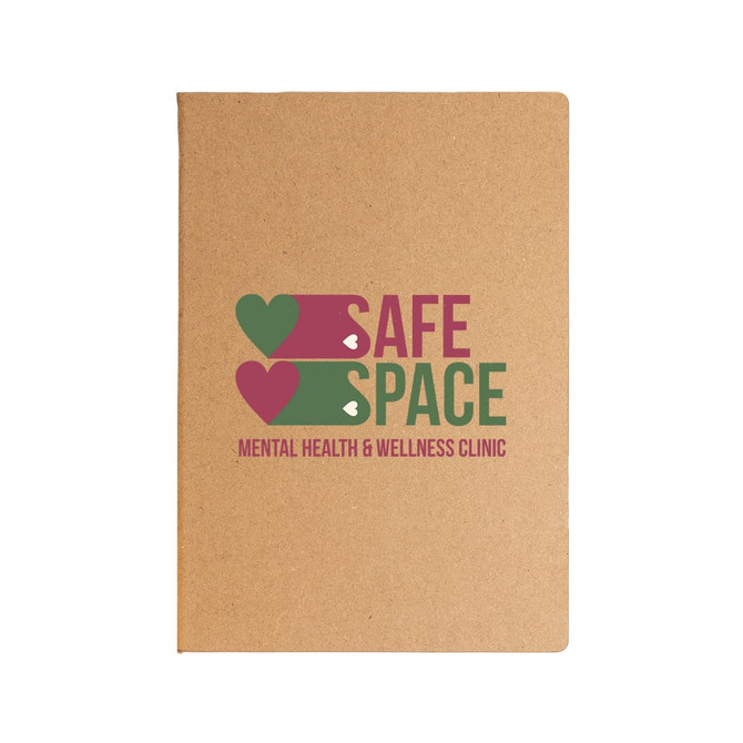 A planner with a kraft cover featuring the logo for "Safe Space Mental Health & Wellness Clinic" in colorful lettering.