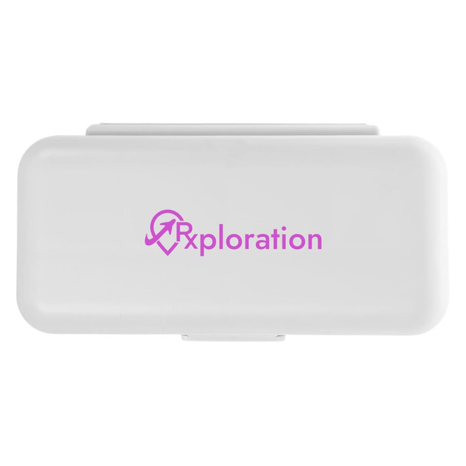 A compact pill organizer in a sleek white design featuring the logo "Rxploration" prominently on the top.