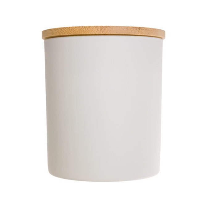 A medium-sized white glass candle with a wooden lid, featuring a sleek and modern design.