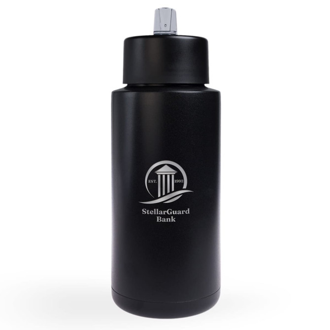 A drink bottle in black, featuring a screw-top lid and a logo on the front. Designed for easy hydration.