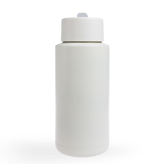 A drink bottle in white, featuring a screw-on lid and a smooth surface, includes branding.