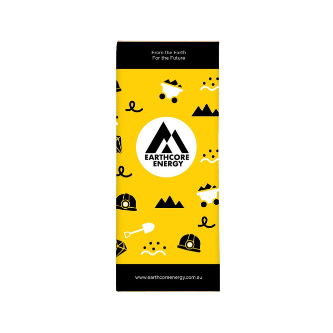 A drink bottle designed with a yellow background featuring various mining-themed graphics and a logo.