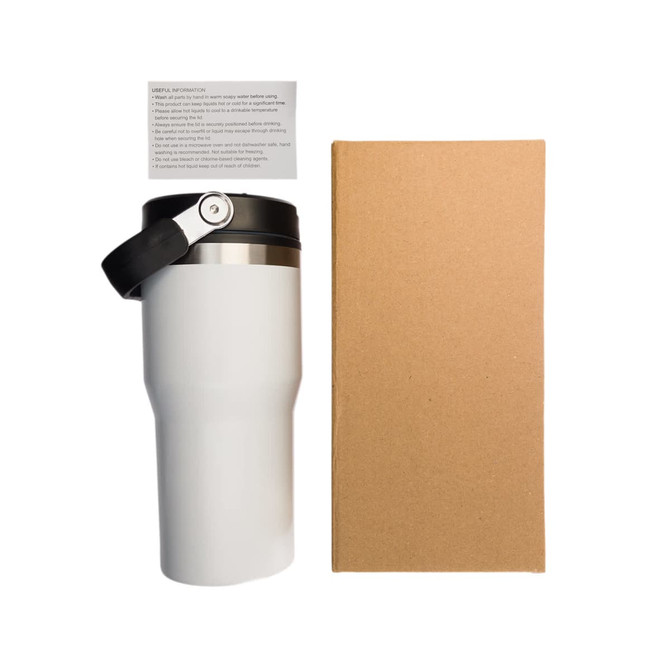 A drink bottle with a white exterior, stainless steel rim, and black lid, next to a brown cardboard box.