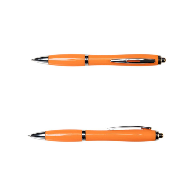 An orange plastic pen with chrome accents, featuring a clip and retractable ballpoint tip.