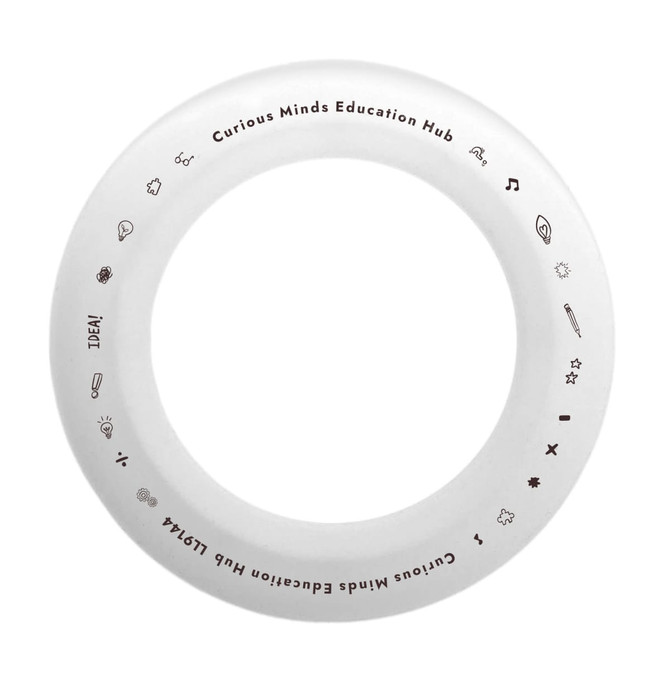 A white silicone flyer with various icons and a logo, designed as a novelty item for fun and games.