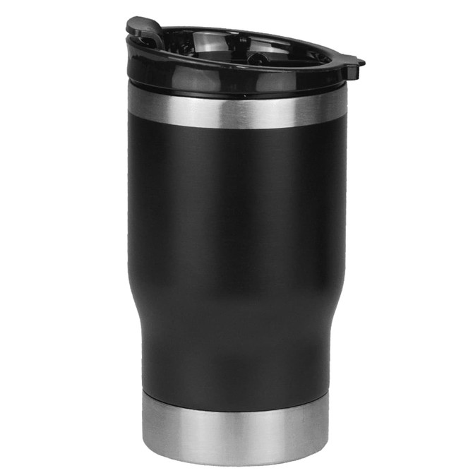 A drink bottle featuring a sleek black body with a stainless steel base and a black lid, complete with a logo.