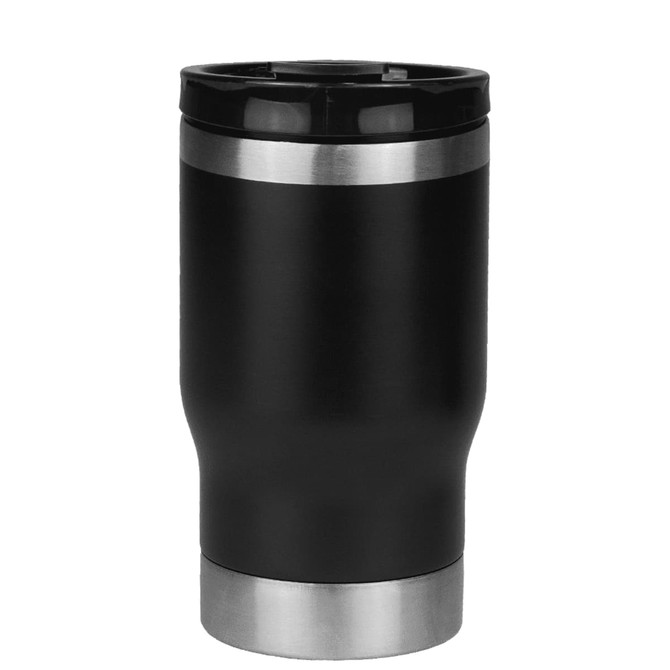 A drink bottle featuring a black finish with a stainless steel base and a removable lid, showcasing a sleek design.
