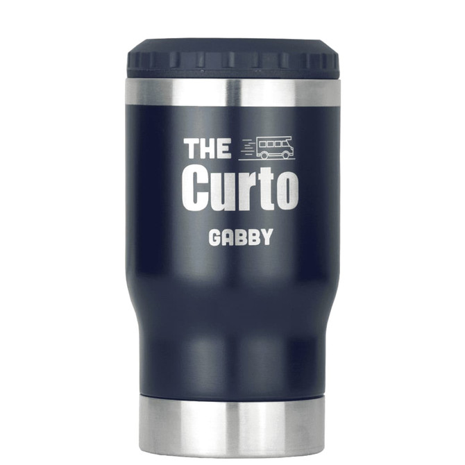 A drink bottle with a dark blue finish and a stainless steel base, featuring a logo.