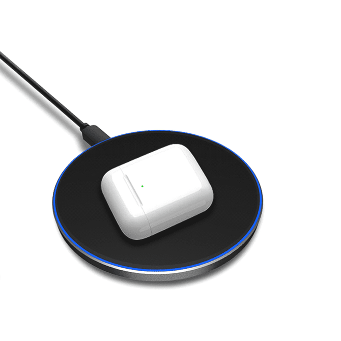 A black Qi wireless charger with a white charging case placed on top, featuring a blue light ring.