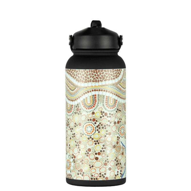 A drink bottle with a rubber coating, featuring a pattern of dots in earthy tones and a black lid.