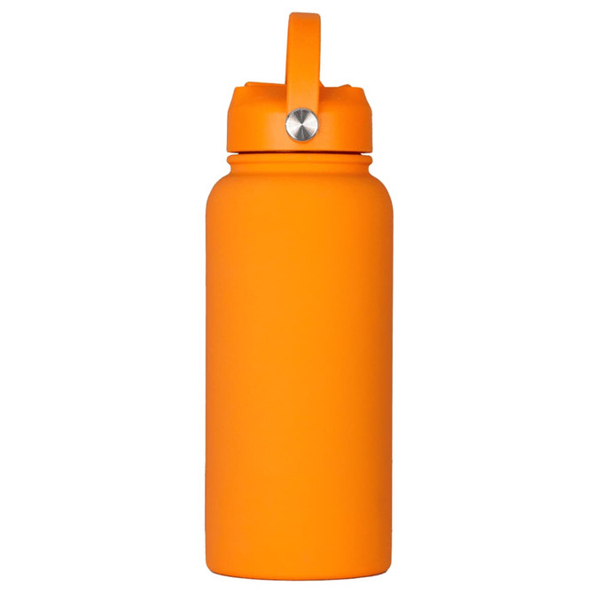 A drink bottle in vibrant orange with a rubber coated finish and a silver cap feature. It includes a handle for easy carrying.