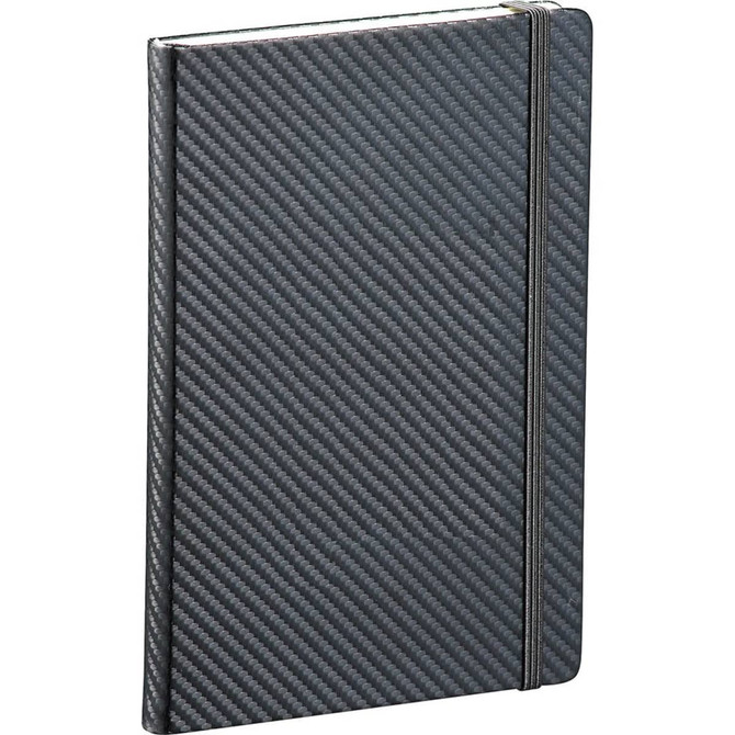 A dark grey, carbon fibre textured journal featuring an elastic band closure and a sleek design.