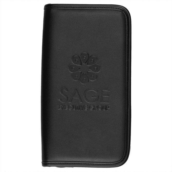 A black travel wallet with a textured finish and a logo embossed on the front.