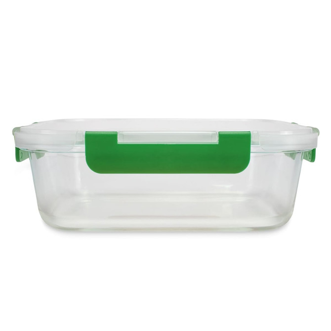A clear lunch box with a green handle, designed for easy transport and storage of meals.