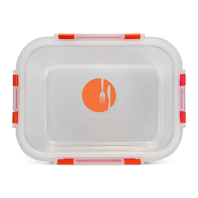 A clear lunch box with orange and pink accents, featuring a logo in the centre.