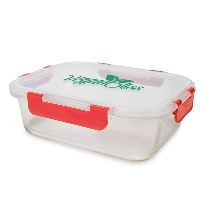 A transparent lunch box with a red lid and clips, featuring a logo on the top.