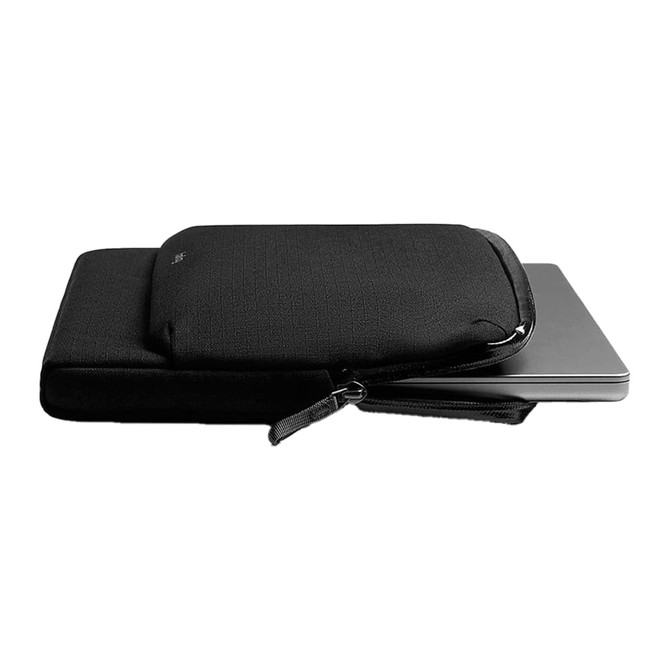 A black laptop caddy with a sleek design, featuring a zip closure and a smooth surface.