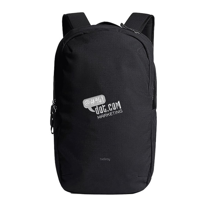 A black Bellroy Via Backpack 20L with a zippered compartment and shoulder straps. Features a logo on the front.