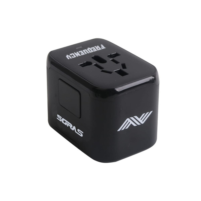 A black universal travel adapter featuring multiple ports and a logo. Compact design suitable for various plugs.