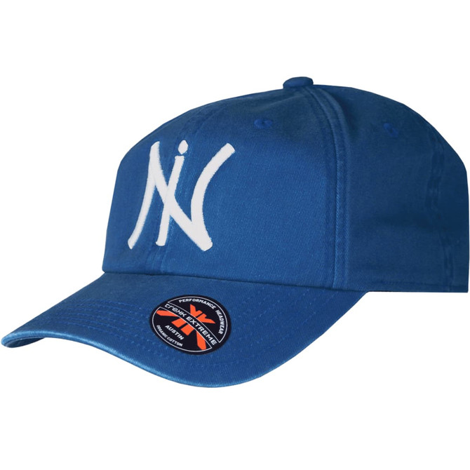 A blue organic washed cotton cap featuring a prominent logo on the front and a branded sticker on the peak.
