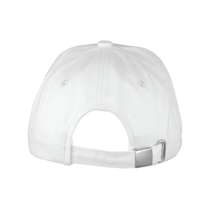 A white organic cotton twill cap featuring a back strap adjustment and a logo.