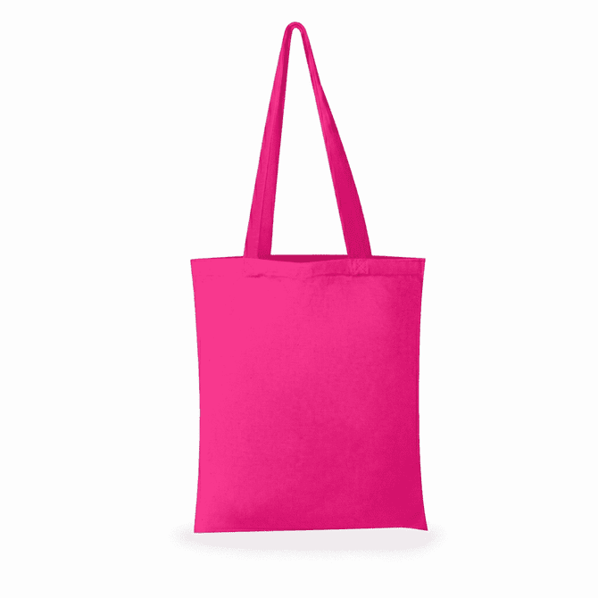 A bright pink canvas tote bag with two shoulder straps and a plain design. It features a logo on one side.