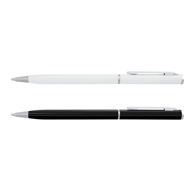 A metal pen set featuring a white pen and a black pen, both with silver clips and accents.