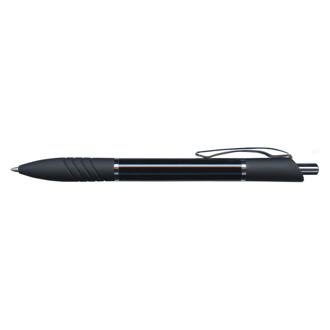 A metal pen in black featuring a sleek design, grip detailing, and silver accents, plus a logo on the body.