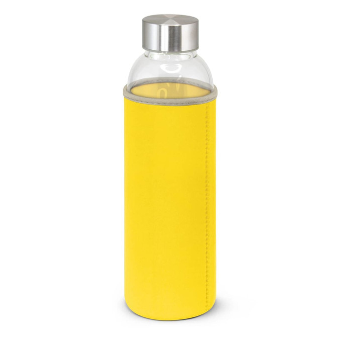 A drink bottle with a clear glass body and a yellow neoprene sleeve. It features a stainless steel lid and has a logo.