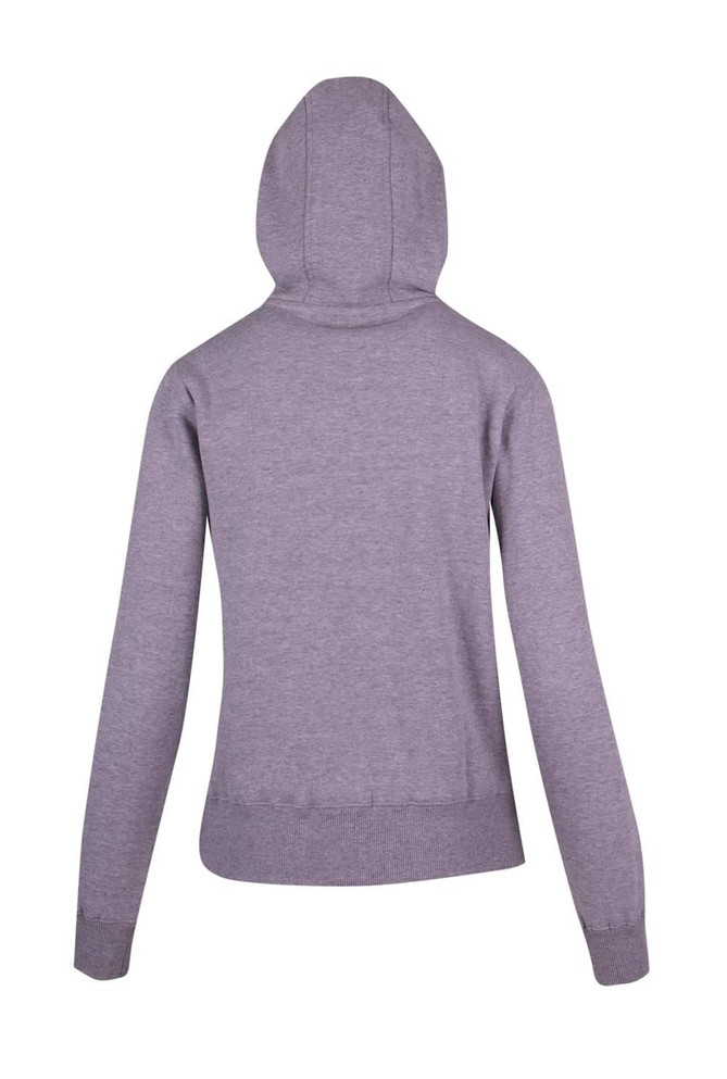 A grey women's junior heavy zip fleece hoodie with a hood and ribbed cuffs. Features a logo.