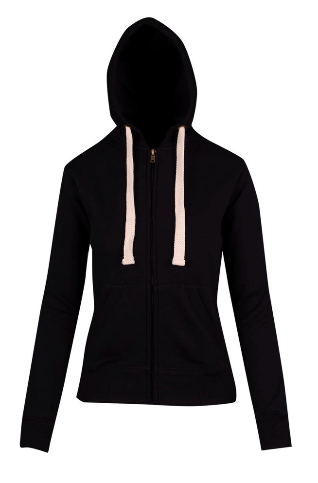 A black women's junior heavy zip fleece hoodie with a drawstring hood and front zipper.