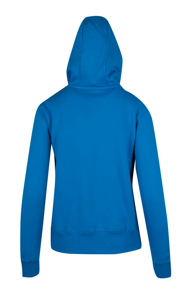 A back view of a women's heavy zip fleece hoodie in bright blue, featuring a hood and ribbed cuffs.